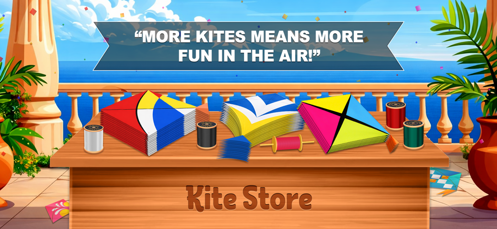 In-game Kite Store showing a selection of colorful kite designs and thread reels on a wooden table