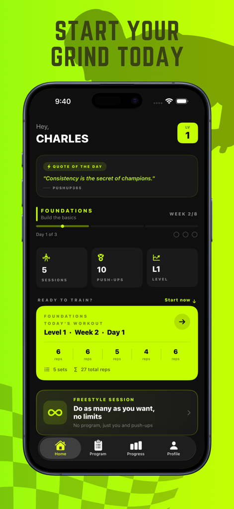 PushUp365 - Push Ups Counter - Pantalla principal de la aplicación PushUp365 que muestra un panel de usuario con un plan de entrenamiento de flexiones de 12 semanas y estadísticas diarias de entrenamiento.