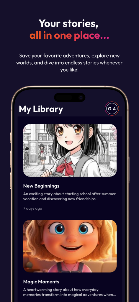 Laila: AI-Powered Storytelling - Mobile screen showing a library of saved AI animated stories with titles and thumbnails in the Laila app