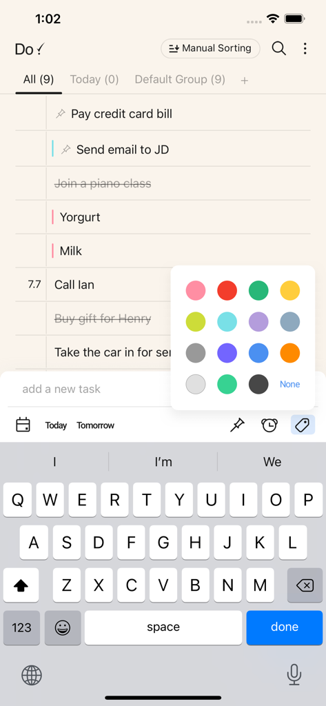 Mobile app interface showing a task list with a color picker overlay for task organization