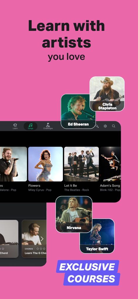 Tela do aplicativo Yousician mostrando cursos de música exclusivos com artistas populares como Ed Sheeran e Taylor Swift