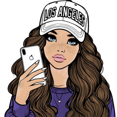 realistic beautiful girl wearing los ángeles cap holding an iphone