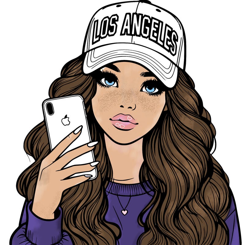 realistic beautiful girl wearing los ángeles cap holding an iphone