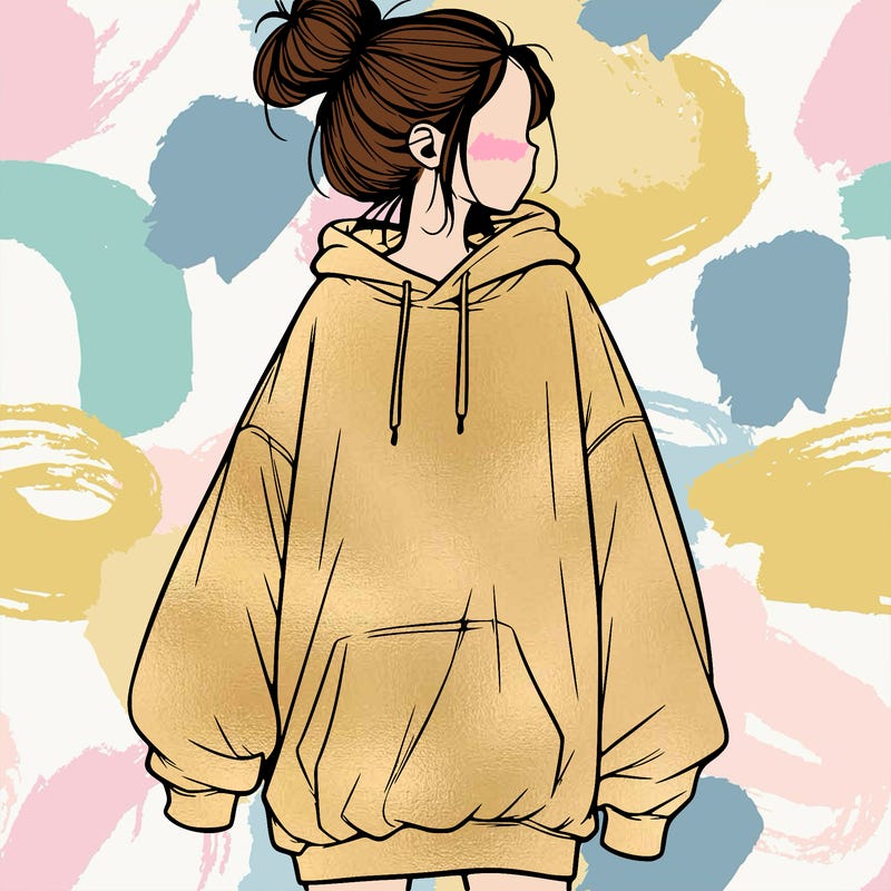 realistic girl with a oversized sweatshirt on and a bun
