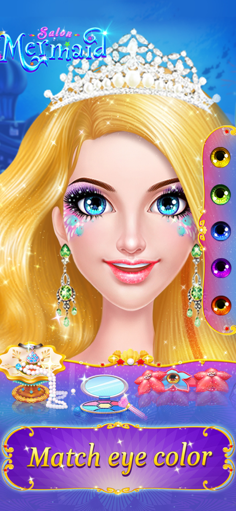 Mermaid Makeup Dressup - Mermaid character with blonde hair and crown in a makeup game eye color selector screen