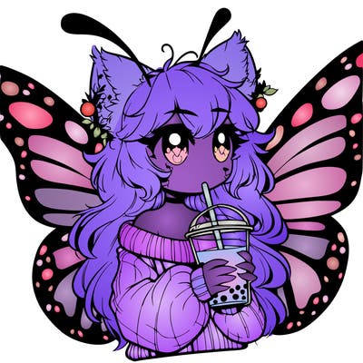 a realistic butterfly/furry girl drinking boba