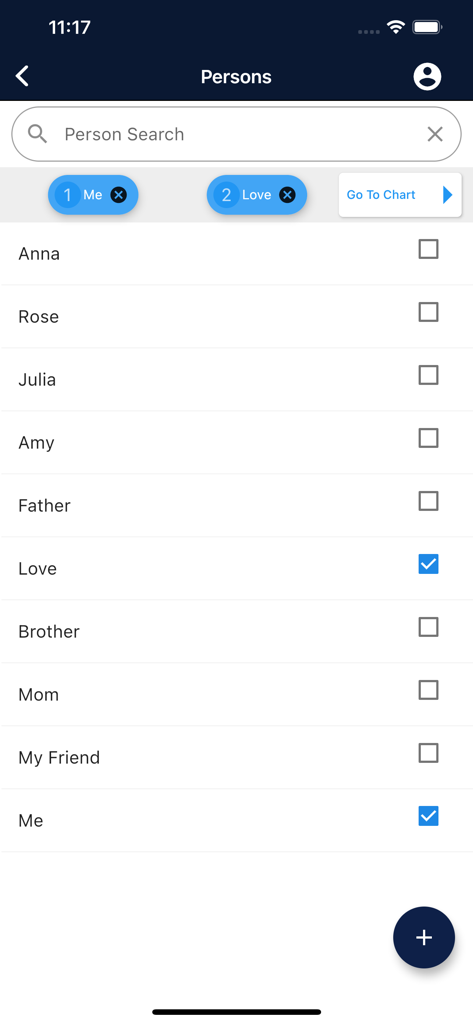 Écran de sélection de personne dans l'application Astrology Master montrant les profils enregistrés pour les calculs de thèmes astrologiques