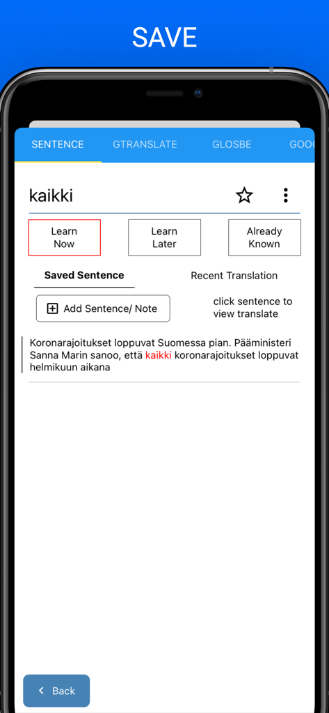 ReadLang WatchLang - ReadLang WatchLang app interface for saving a new vocabulary word with its context sentence
