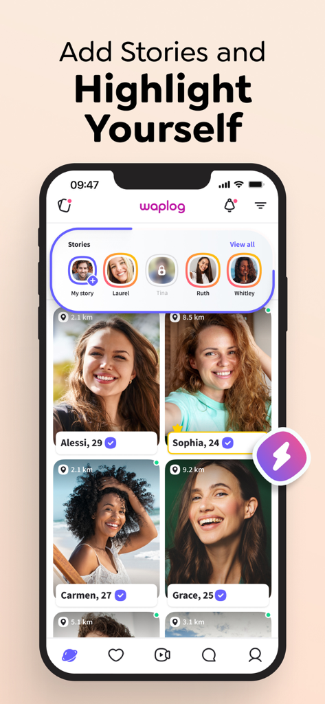 Waplog - Dating & Video Chat - Interfaccia dell'app Waplog che mostra una riga di storie utente e una griglia di profili di incontri verificati.