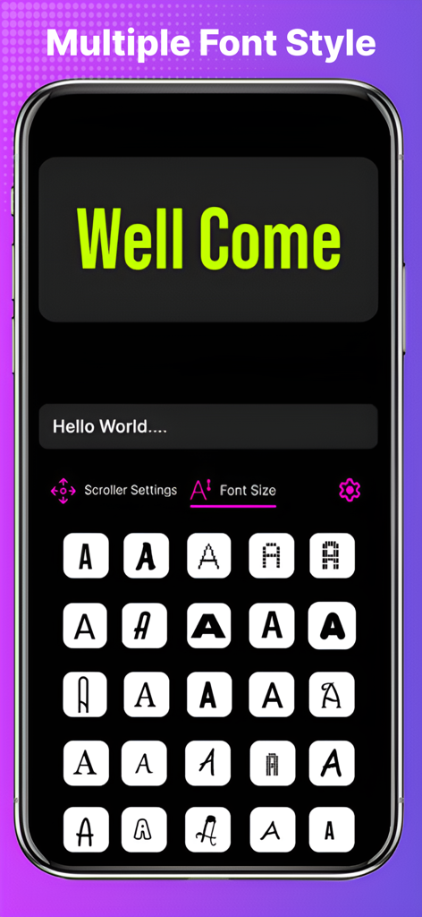 Letrero LED Digital - Oberfläche der Letrero LED Digital App mit einer Vielzahl von Schriftstilen zur Anpassung von Lauftext-Bannern.