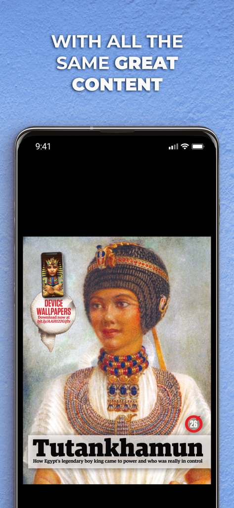 All About History Magazine - Aplicación All About History Magazine mostrando un artículo sobre el Rey Tutankamón con imágenes egipcias