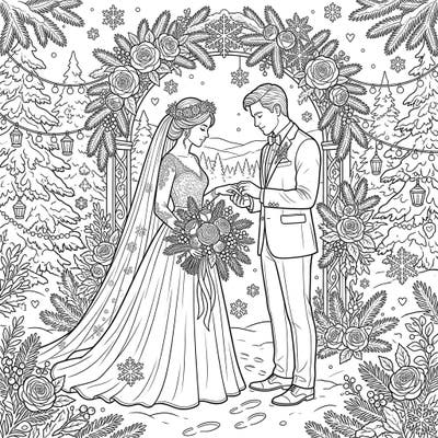 Discover the magic of a winter wedding with this beautiful coloring page featuring a loving couple. Set amidst a pristine powder snow landscape, it's a romantic scene perfect for your creative touch.