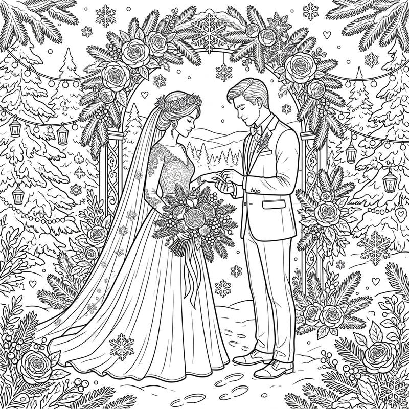 Discover the magic of a winter wedding with this beautiful coloring page featuring a loving couple. Set amidst a pristine powder snow landscape, it's a romantic scene perfect for your creative touch.