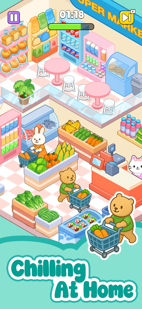 Dream Room Decor - Adorables personajes animales comprando en un supermercado isométrico de colores pastel.