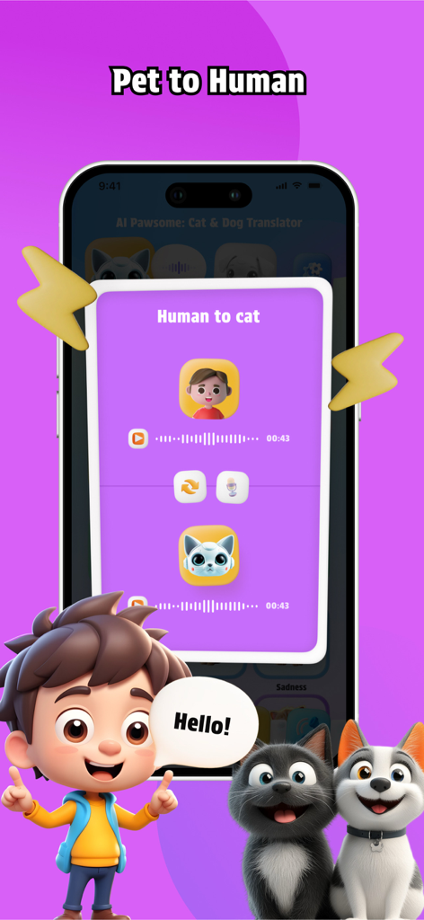 AI Pawsome: CatDog Translator - Interface do aplicativo AI Pawsome para tradução de voz de humano para gato com um menino, gato e cachorro em desenho animado.