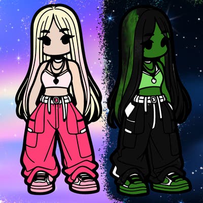 girl in baggy pants crop top and long hair