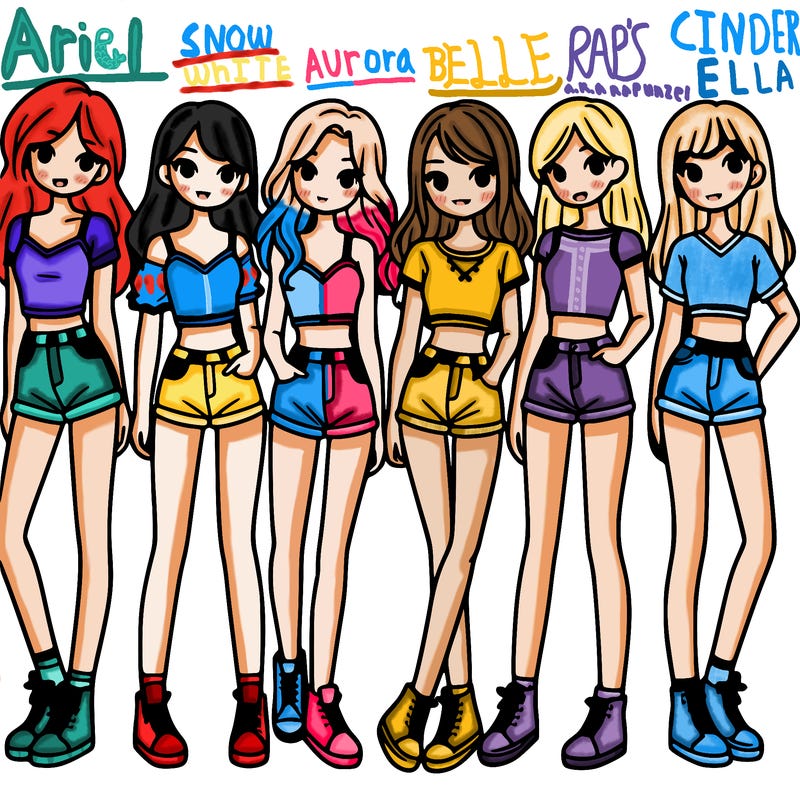 a group of girls wearing crop tops and shorts