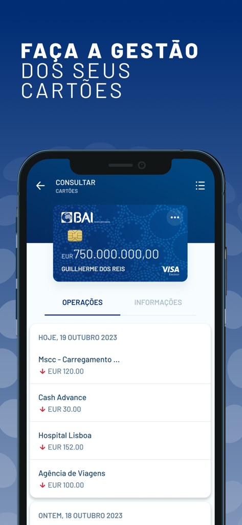BAI Europa Directo - App di mobile banking BAI Europa Directo che mostra la gestione delle carte e l'elenco delle transazioni