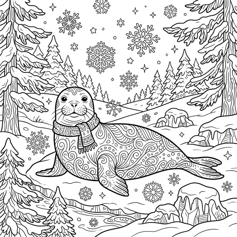Embrace the tranquility of winter with this beautifully detailed monk seal coloring page designed for adults. Featuring a charming seal amidst a snowy landscape and intricate patterns, it promises hours of mindful coloring.