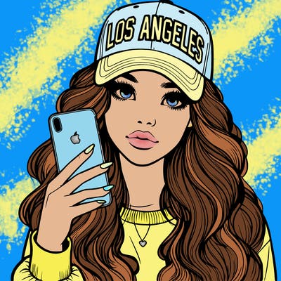 realistic beautiful girl wearing los ángeles cap holding an iphone