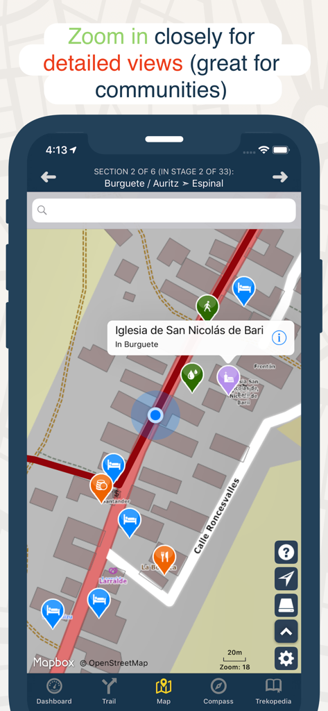 TrailSmart: Great Trails - Una vista de mapa ampliada en la aplicación TrailSmart que muestra iconos de alojamiento, restaurantes y puntos de referencia a lo largo de una ruta de senderismo.