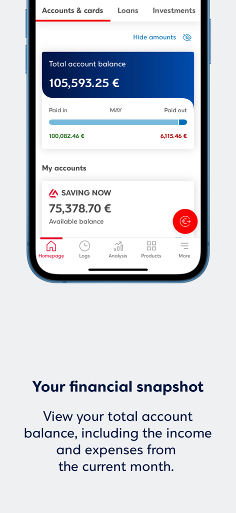 Eurobank Mobile App - Schermata dell'App Mobile Eurobank che mostra il saldo totale del conto e uno snapshot finanziario mensile.