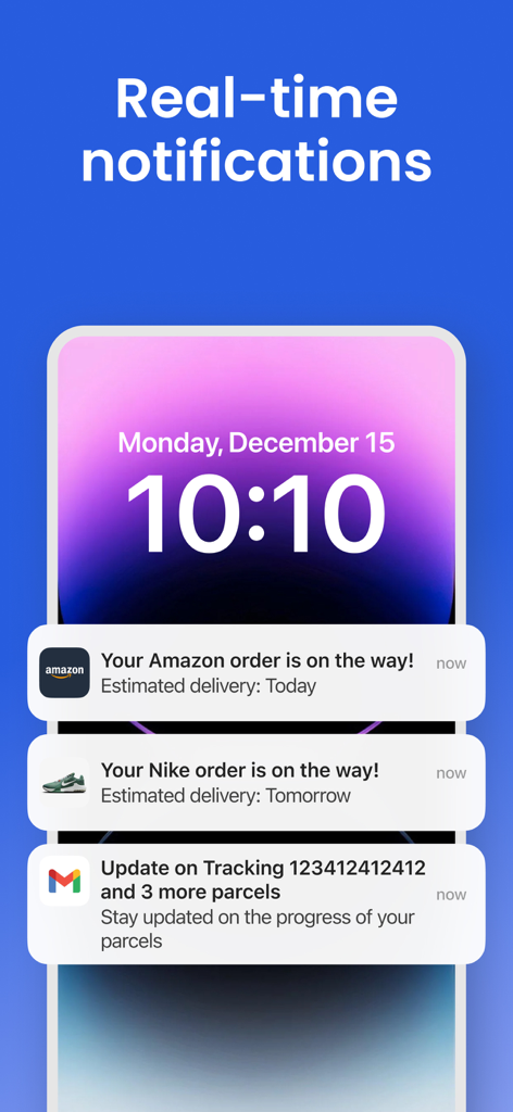 Parcel Monitor Track - iPhone lock screen displaying real time delivery notifications from Amazon and Nike via the Parcel Monitor app