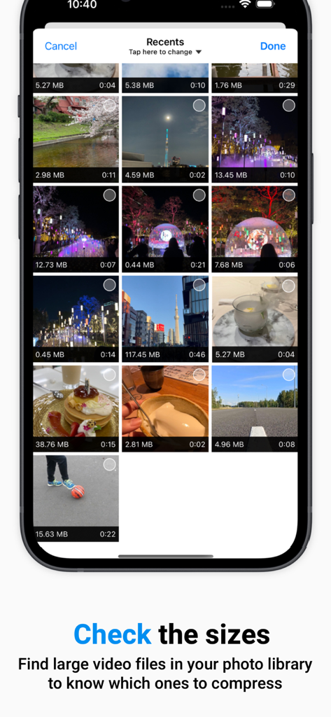 Resize Video Compressor App - App screen displaying video thumbnails with file sizes to identify large files for compression