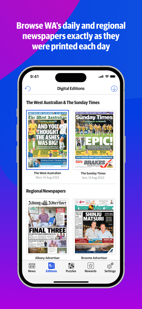 An iPhone displaying the Digital Editions screen of The West Australian app featuring several newspaper replicas.