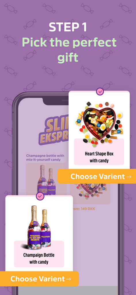 CandyExpress Candy app - Screenshot of the CandyExpress app showing step one to pick a gift with options for heart shaped boxes and candy filled champagne bottles.