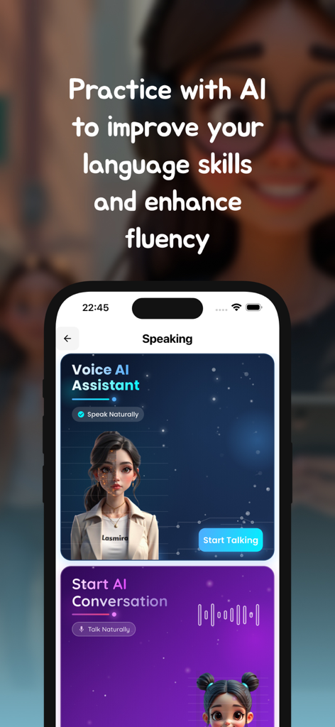 VocsApp - Interfaz de VocsApp para practicar el habla de idiomas con un asistente de voz IA y modo de conversación