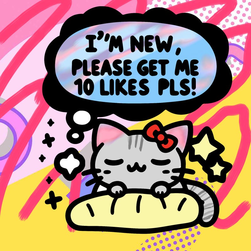 kitty taking a nap dream talking and saying "i'm new, please get me at least 10 likes pls!!"