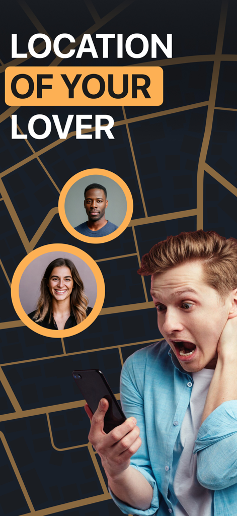 Um homem chocado olhando para seu smartphone com o texto Localização do seu Amante e retratos de pessoas sobre um fundo de mapa