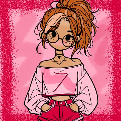 girl with a messy ponytail glasses a baggy crop top and jean shorts