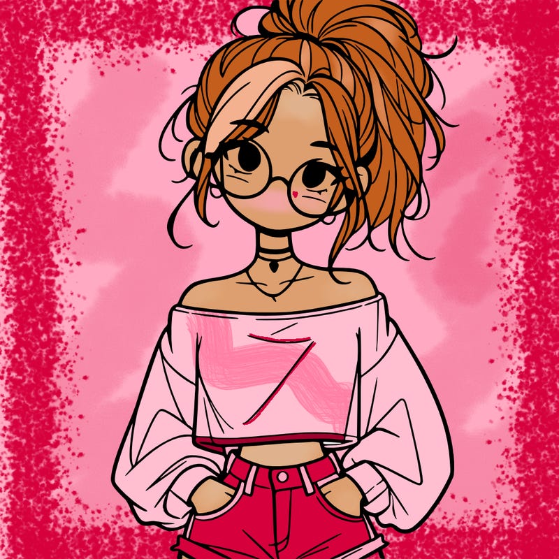 girl with a messy ponytail glasses a baggy crop top and jean shorts