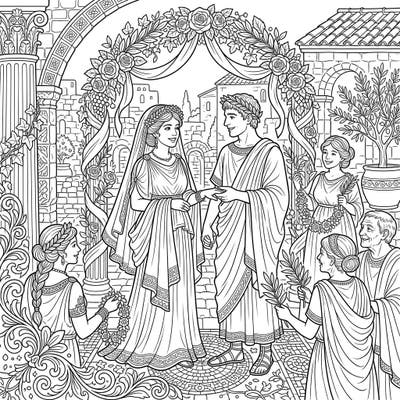 Step back in time and bring to life a beautiful Roman Plebian wedding celebration with your colors. This intricate coloring page captures a historical ceremony, perfect for history buffs and coloring enthusiasts alike.