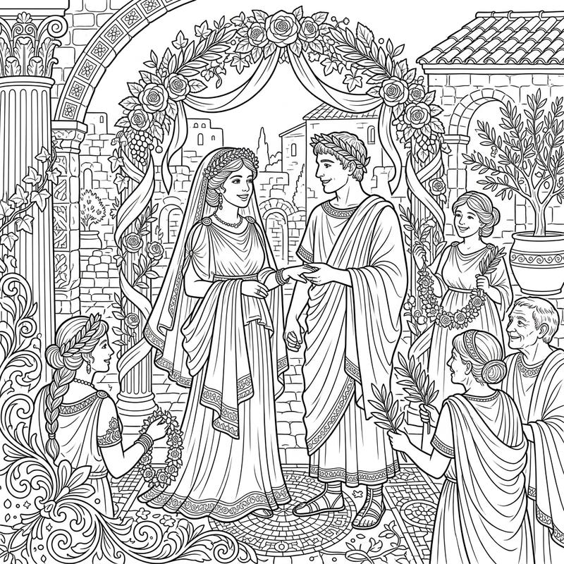 Step back in time and bring to life a beautiful Roman Plebian wedding celebration with your colors. This intricate coloring page captures a historical ceremony, perfect for history buffs and coloring enthusiasts alike.