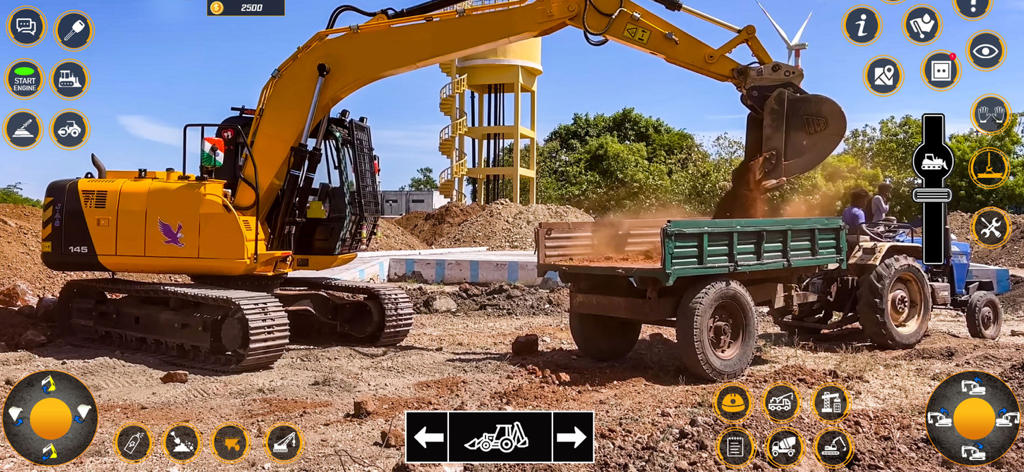 Un escavatore pesante giallo che carica terra in un rimorchio di un trattore blu in un cantiere polveroso nel gioco di costruzione di città ferroviaria.