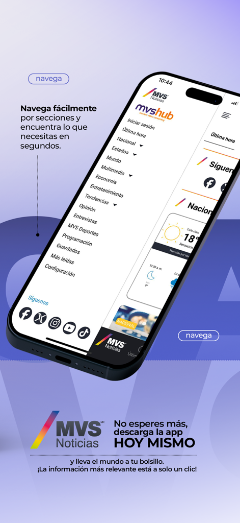 MVS Noticias - Interface do aplicativo MVS Noticias destacando a navegação fácil através das seções de notícias.