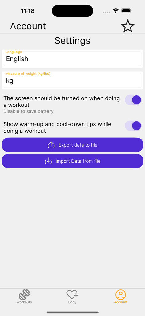 Workouts - TrainingDay - Account settings screen of the TrainingDay app showing language and weight unit preferences