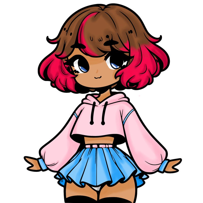 cute femboy with short, fluffy hair that softly frames their face, wearing a cropped hoodie, paired with a flouncy short skirt, and thigh-high stockings