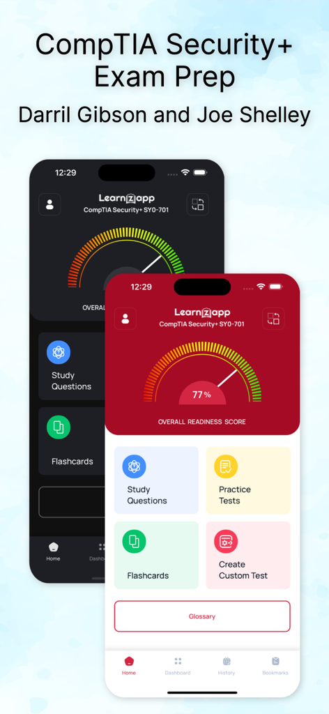 CompTIA Security+ by LearnZapp - CompTIA Security Exam Prep app dashboard featuring readiness score gauge and study tools