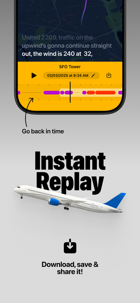 航空交通管制音声タイムラインとトランスクリプトを備えたインスタントリプレイ機能を示すインターフェース