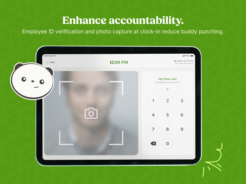 BambooHR Time Kiosk - BambooHR Time Kiosk app interface showing photo capture and PIN pad on an iPad for employee clock-in accountability