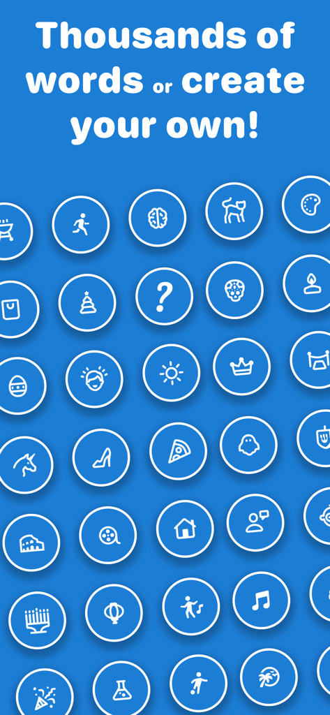 A blue background with icons representing various game categories and text that says Thousands of words or create your own