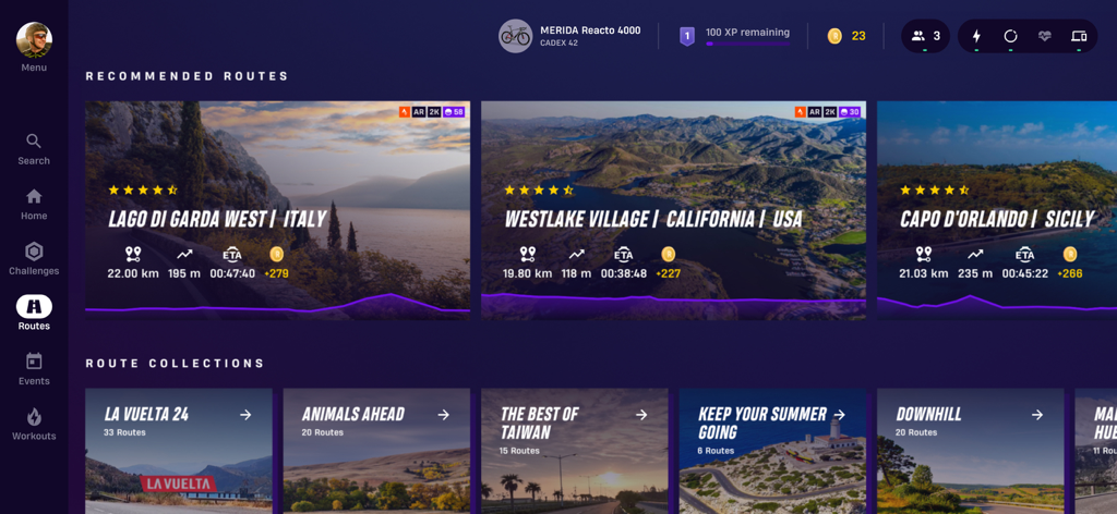 Interface of the ROUVY app showing recommended virtual cycling routes in Italy and California