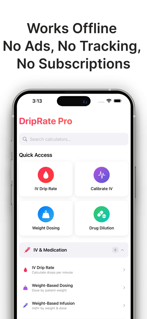 Drip Rate Infusion Calculator - DripRate Pro app home screen showing IV and medication calculation tools