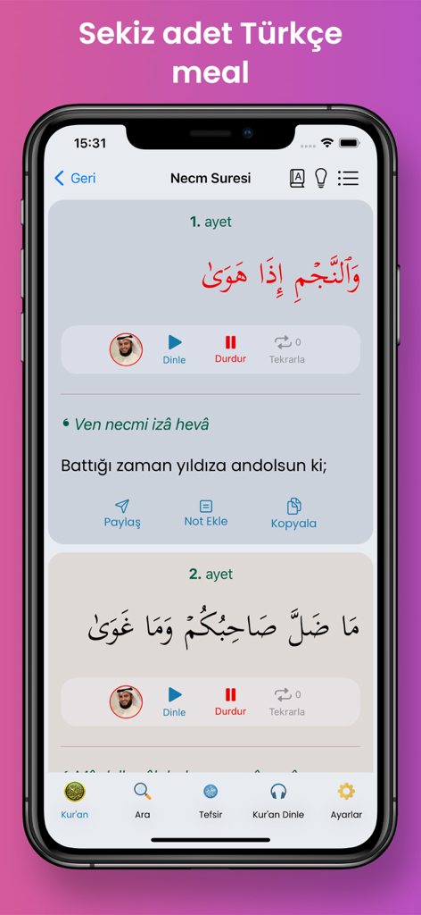 Kuran Dinle app showing Arabic verses of Surah An-Najm with Turkish translation and audio player controls