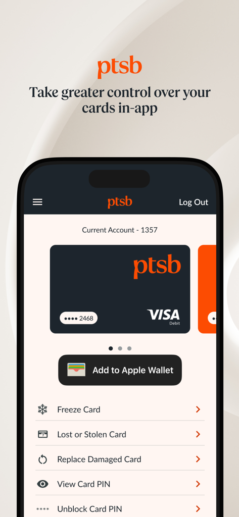 Pantalla de la app bancaria PTSB que muestra opciones de gestión de tarjetas, incluida la integración con Apple Wallet y controles de seguridad de tarjetas