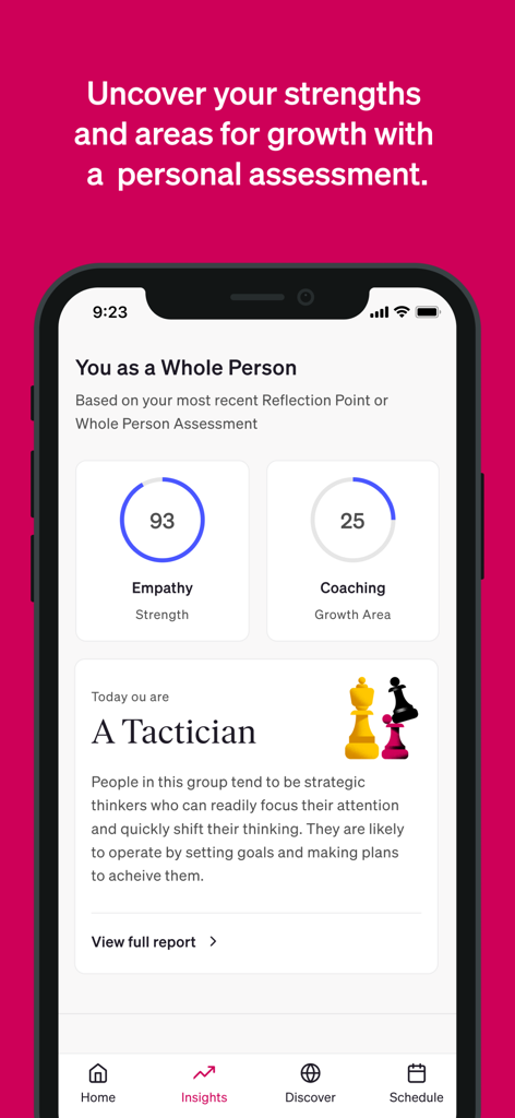 Mobile screen showing BetterUp personal assessment results and professional growth insights